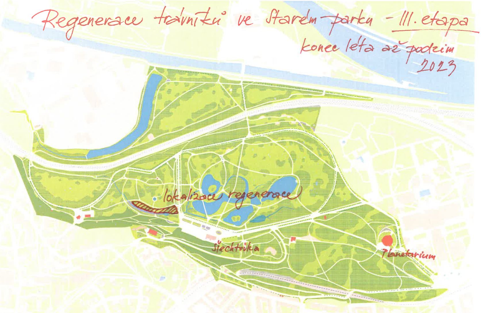 Regenerace travnatých ploch ve Starém parku ve Stromovce – III. etapa, or. mapka