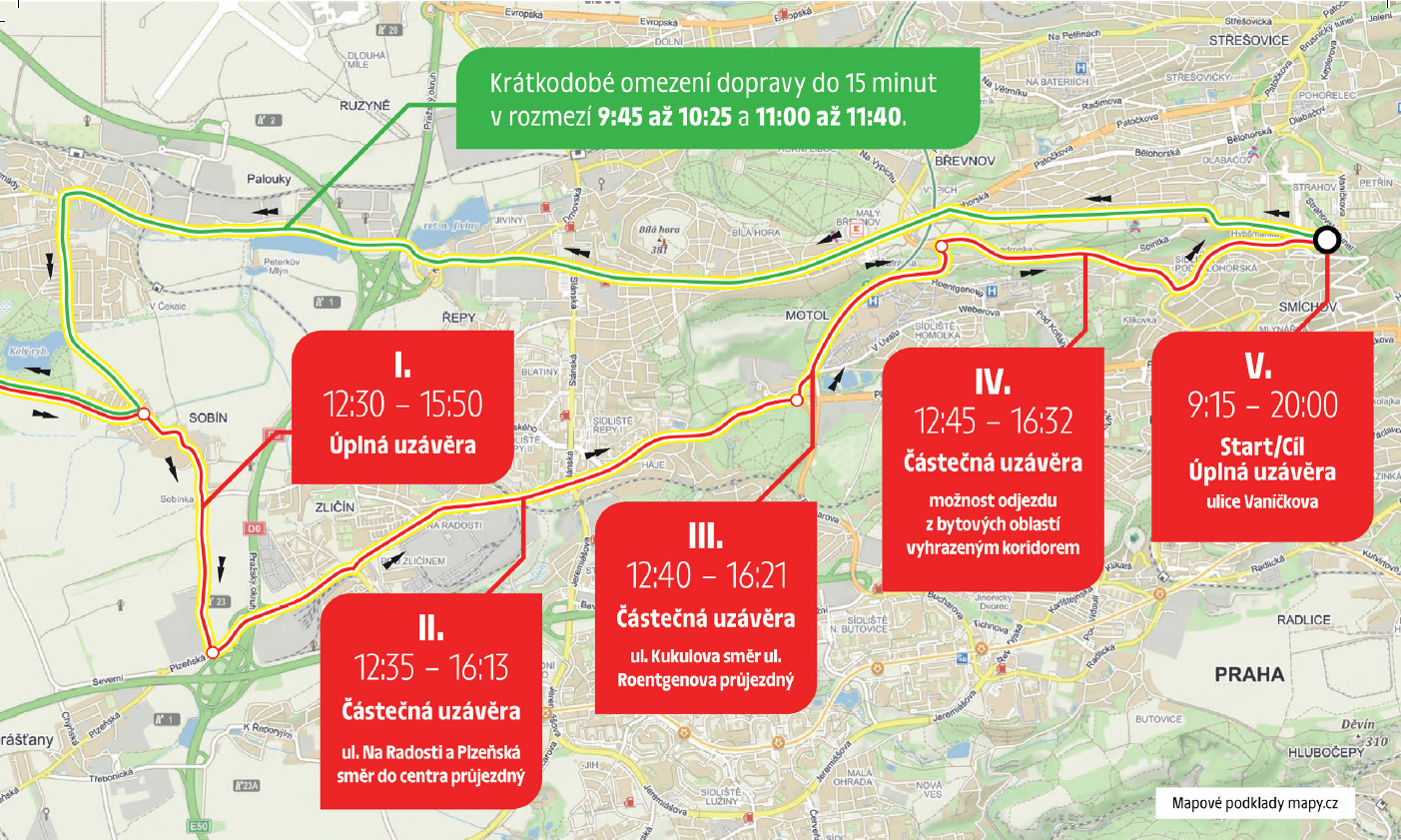 Mapa s vyznačením dopravních opatření cyklistického závodu