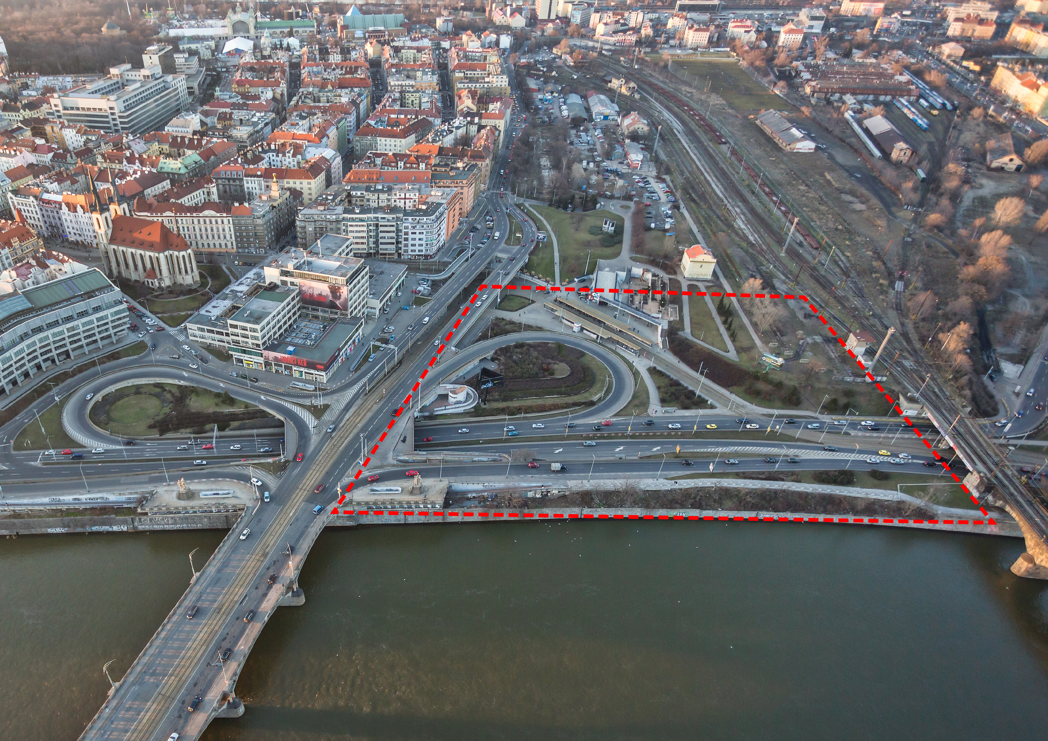 Rozsah území, které řeší architektonická soutěž na budoucí podobu Vltavské filharmonie