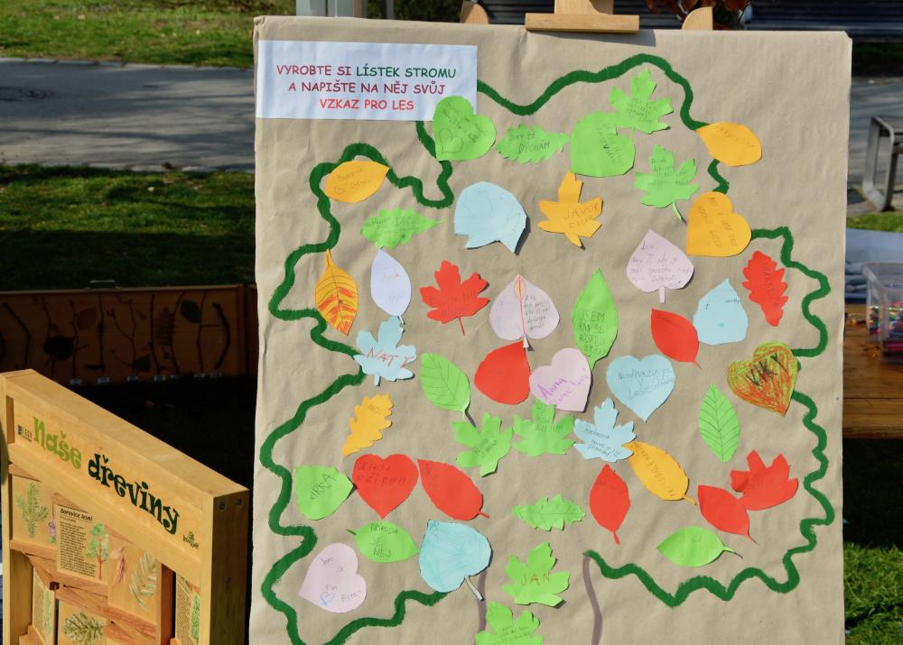 Na vyrobené papírové listy napsaly děti vzkazy pro les