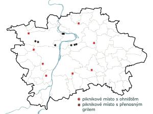 pikniková místa v pražských lesích a parcích, orientační mapka, stav 9/2016
