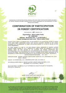 Certifikát PEFC pro lesy v hlavním městě Praze, 2022, angl. verze