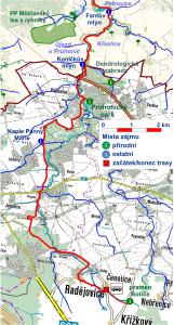 trasa č.22 - podél Botiče, orientační mapa podrobná, úsek 1 (úsek Čenětice - Petrovice)