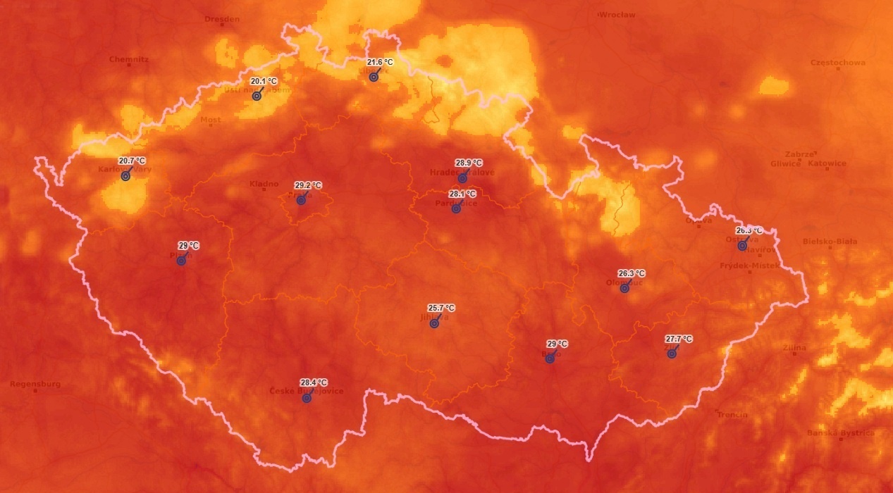 Předpovědní mapa ČHMÚ na 14. července 2026
