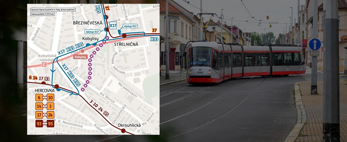 Mapa - změna provozu tramvají