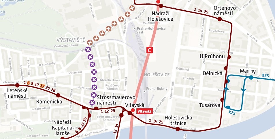 Mapa s vyznačením úseku s přerušeným provozem tramvají