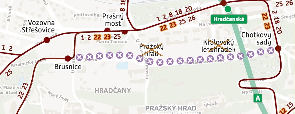 Mapa s vyznačením rekonstruovaného úseku tramvajové trati