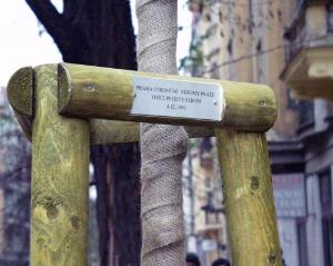 FOTO - ...oznamující, že zde byl 4. 12. 2001 zasazen tisící pětistý strom v projektu "Praha stromům - stromy Praze"