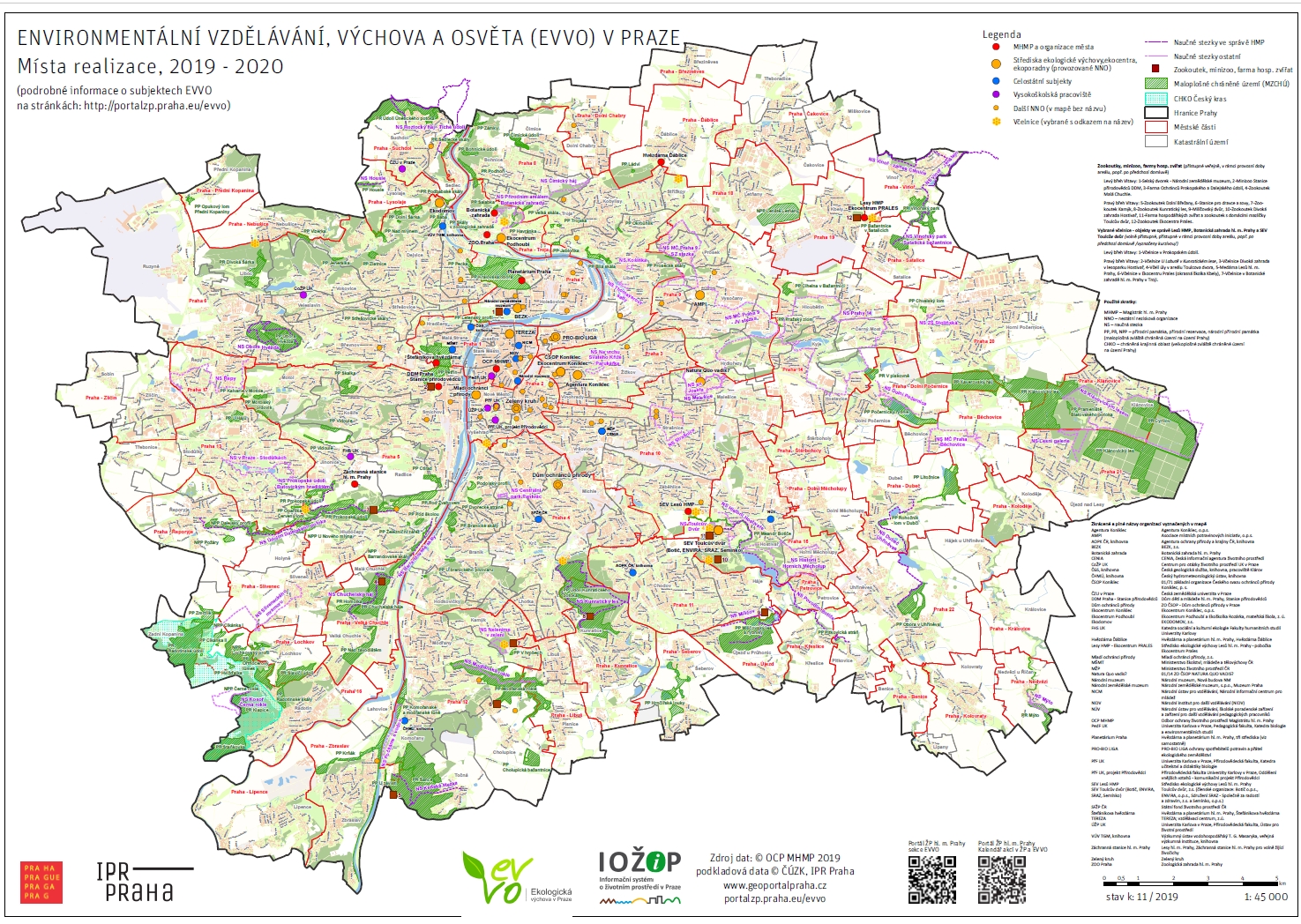 mapa Environmentální vzdělávání, výchova a osvěta v Praze, Místa realizace 2019-2020