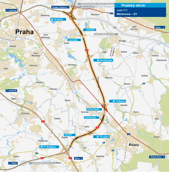 Mapa s vyznačením plánovaného úseku Běchovice – D1