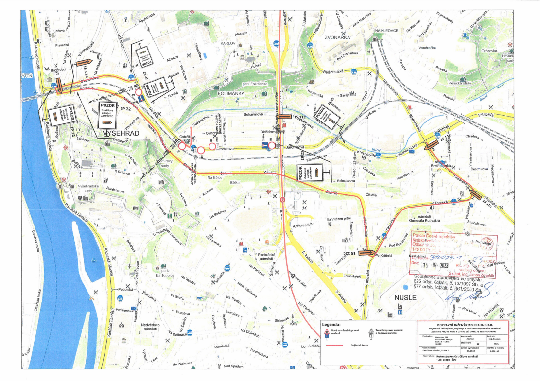 Mapa s vyznačením uzavírky a objízdných tras