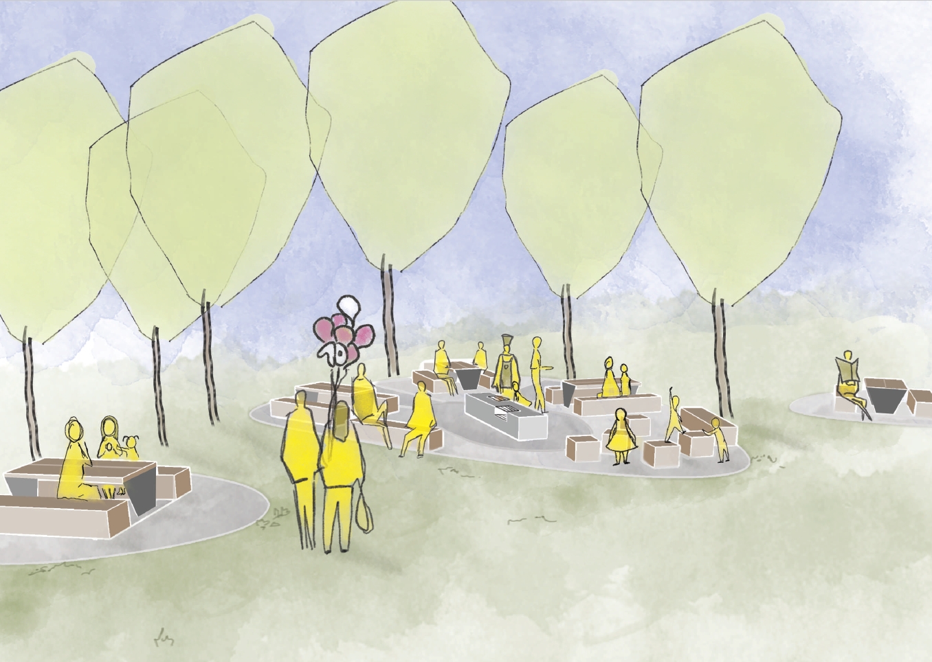 Piknikové místo s pevným grilem v části parku Za drahou ve Stromovce, vizualizace
