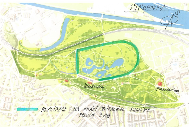 Stromovka, realizace na hrázi býv. rybníka během podzimu 2018, orientační mapa