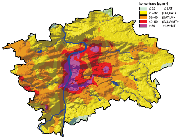 Obr. Pole roční koncentrace NO2, aglomerace Praha, 2006