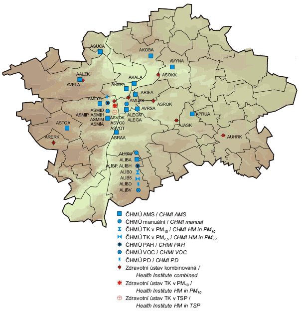 Obr. Staniční síť sledování kvality ovzduší, Praha, 2005 