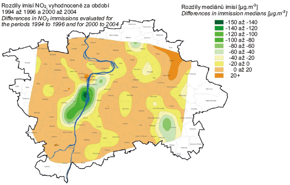 Rozdílové mapy CO, NO2, PM10 a mapa hodnot NO/NO2 zpracovaná pro druhou etapu měření