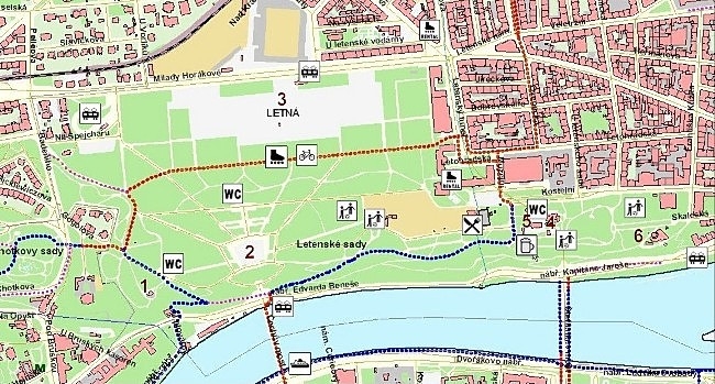 orientační mapa Letenských sadů, malá