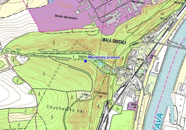Mariánský pramen, orientační mapa okolí (650 pxl)