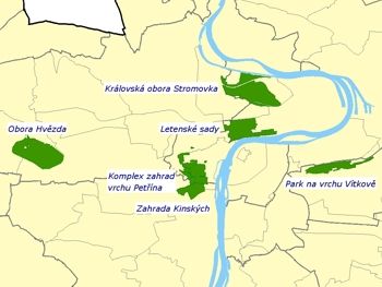 zahrady a parky celopražského významu ve správě RVP MHMP - orientační mapka (centrum města)