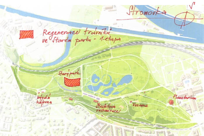 Stromovka, regenerace trávníků v části Starého parku, 1. etapa 2022, or.mapka 700 pxl