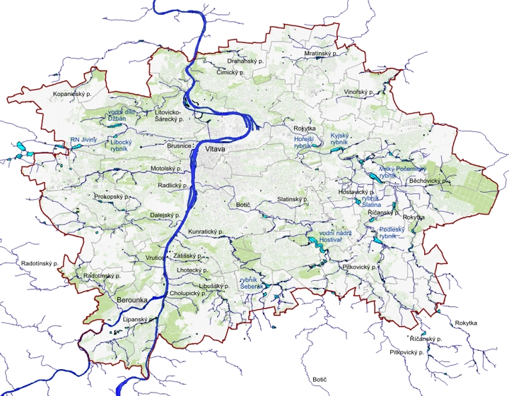 Nejvýznamnější vodní toky a díla v Praze, orientační mapka