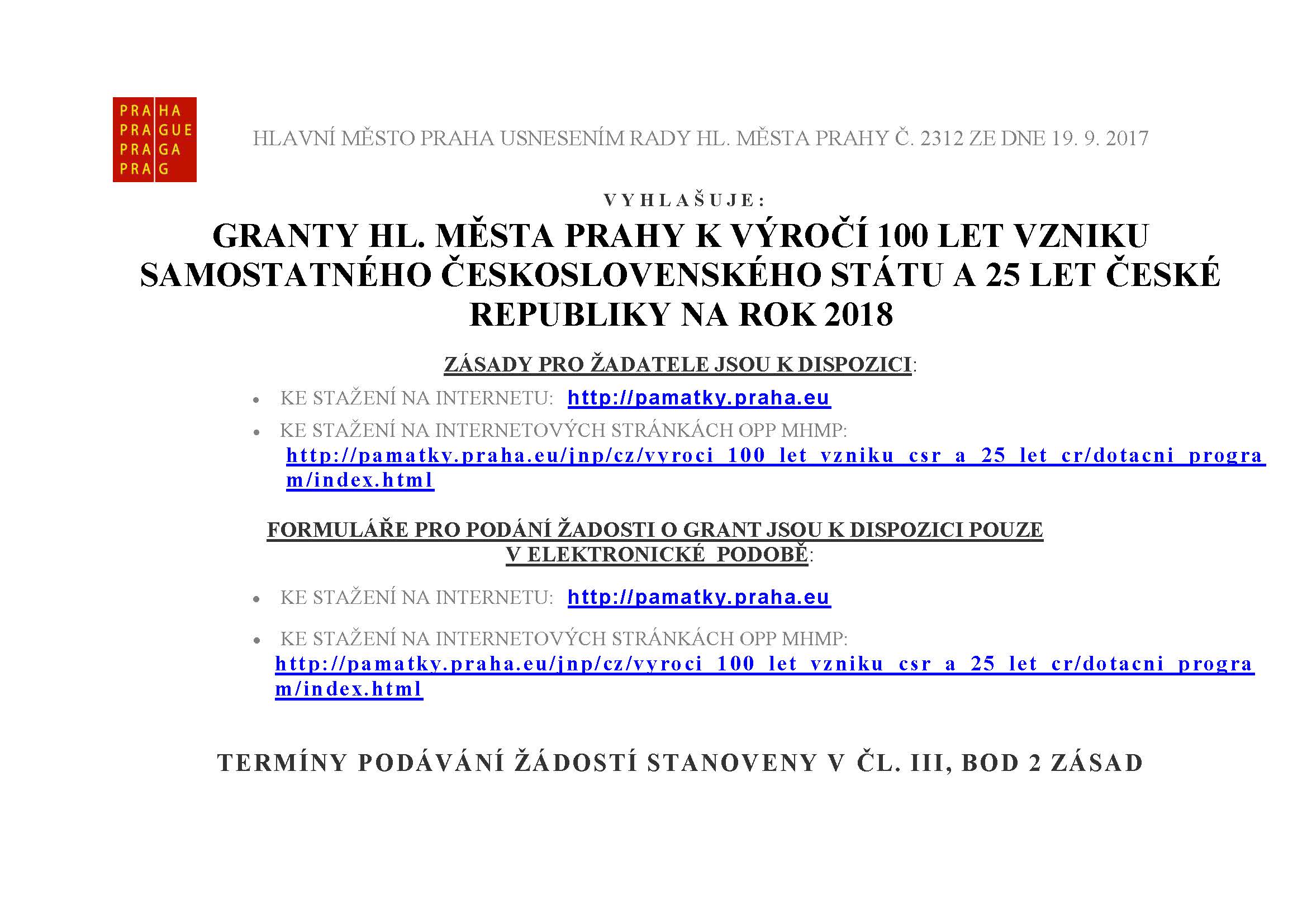 Praha vyhlásila grantový program ke 100. výročí vzniku republiky a k 25 letům ČR na rok 2018
