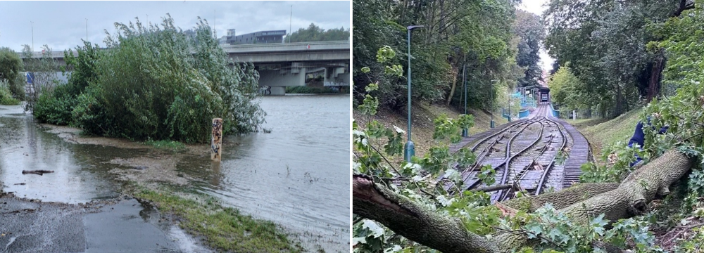 Vltava v Braníku                                                                                                       Spadlé stromy na trať lanovky na Petřín        